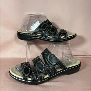 Clarks Leisa Cacti Black Leather Slide On Comfort Sandals Size W's 10M